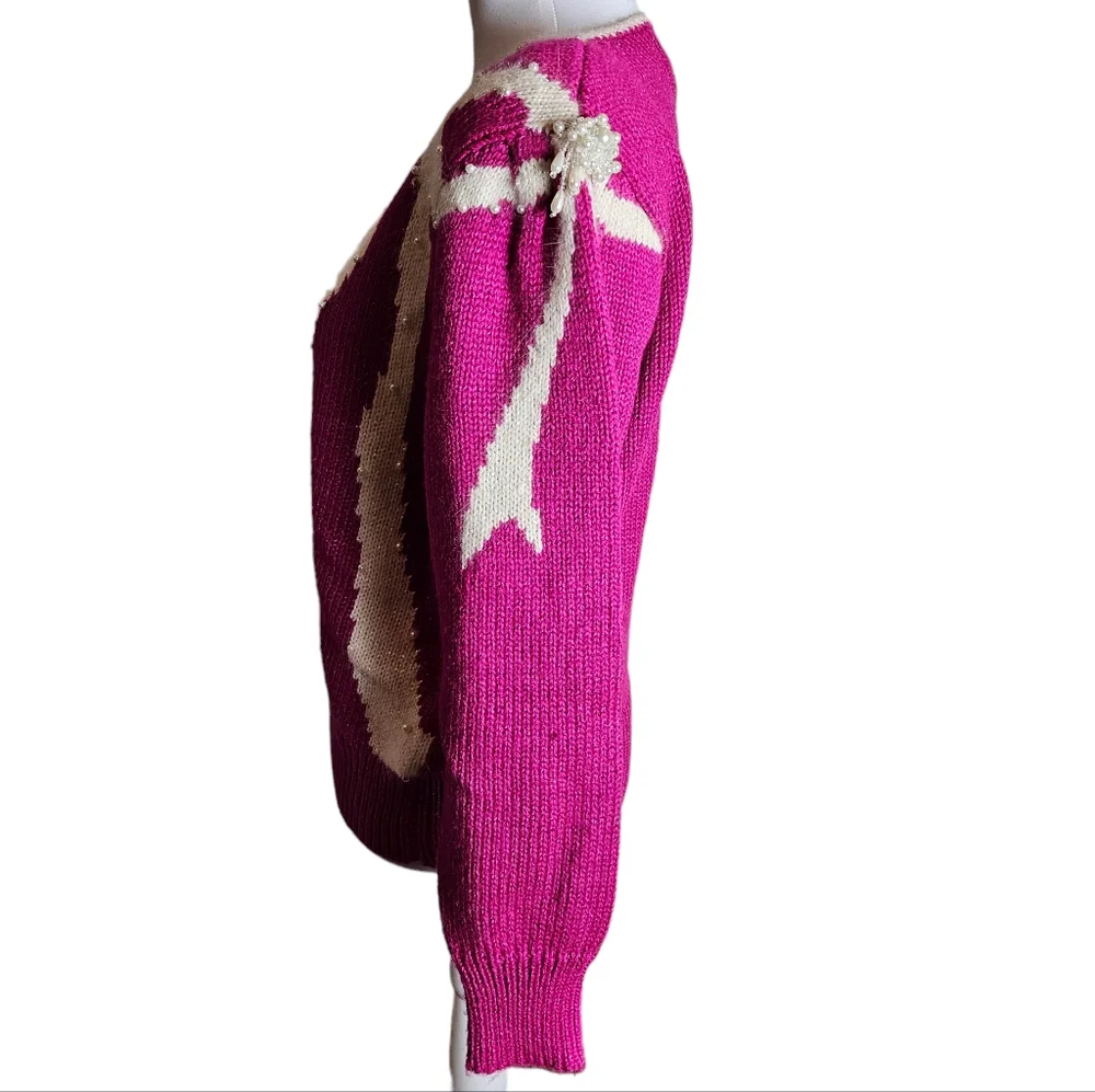 Vintage Jaclyn Smith Hot Pink White Bow Sweater Sz L Pearl Bead Granny Coquette - Picture 3 of 16